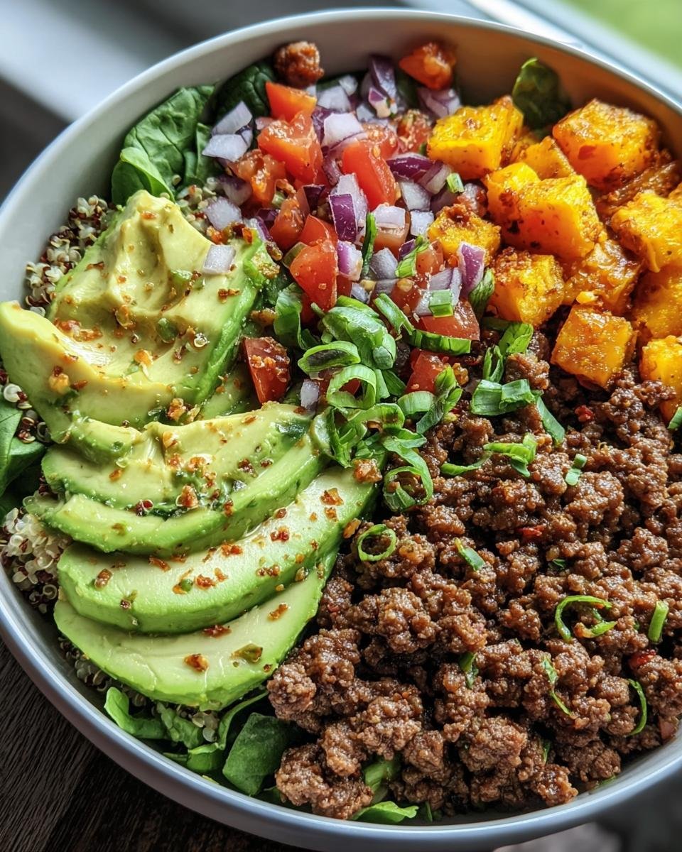 A vibrant Ground Beef Protein Bowl with ground beef, avocado, quinoa, vegetables, and green onions.