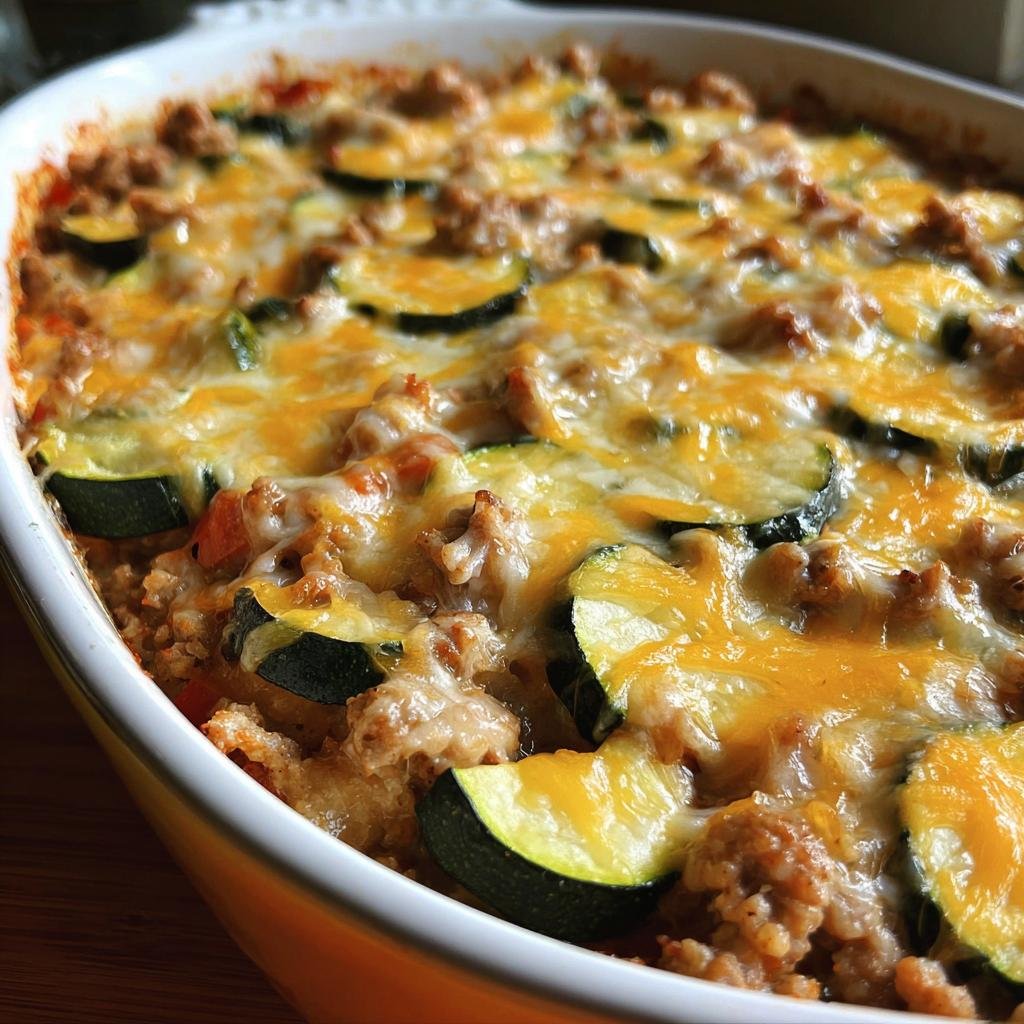 Delicious Ground Turkey Zucchini Casserole with zucchini slices and melted cheese topping in a baking dish.