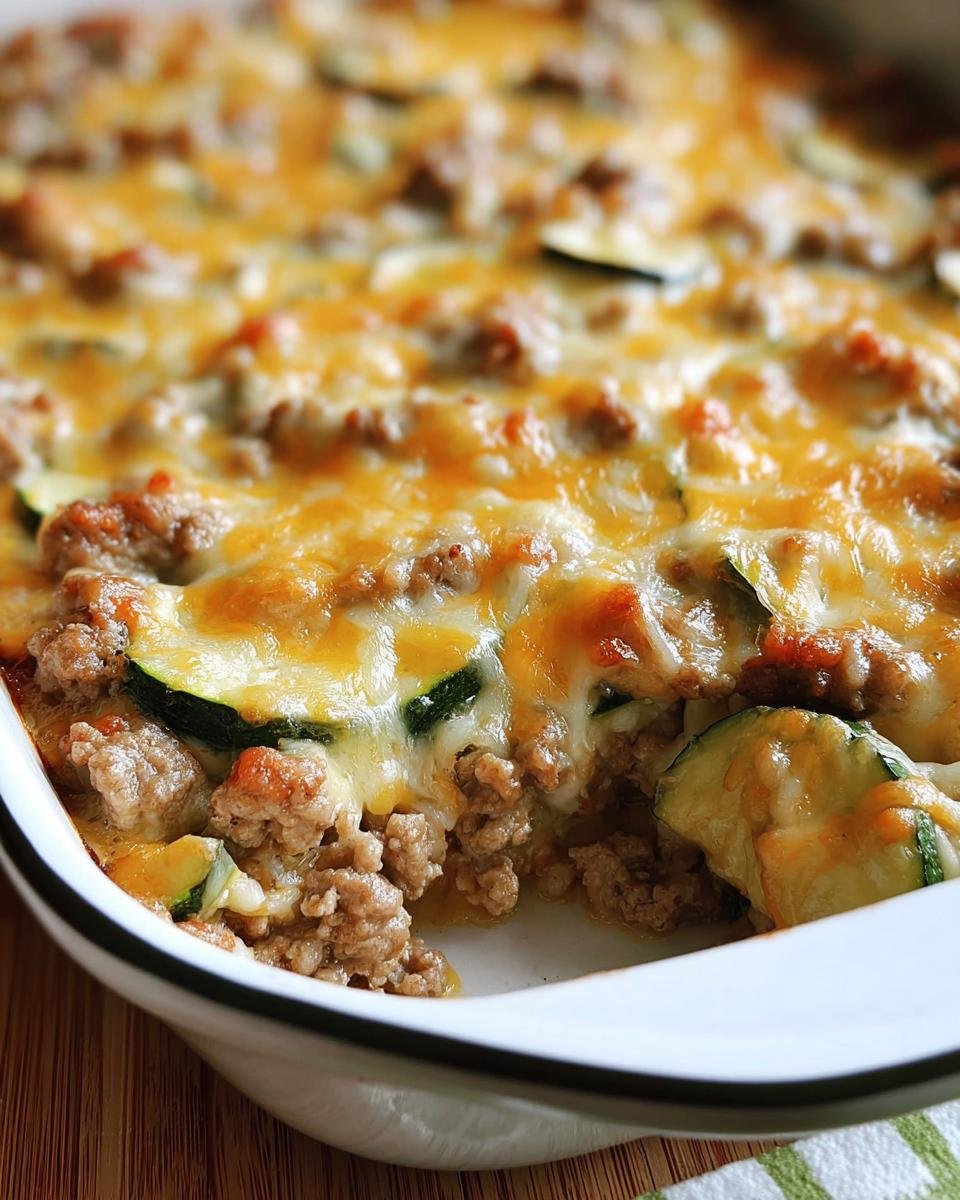 Close-up of Ground Turkey Zucchini Casserole in a white baking dish, topped with melted cheese.