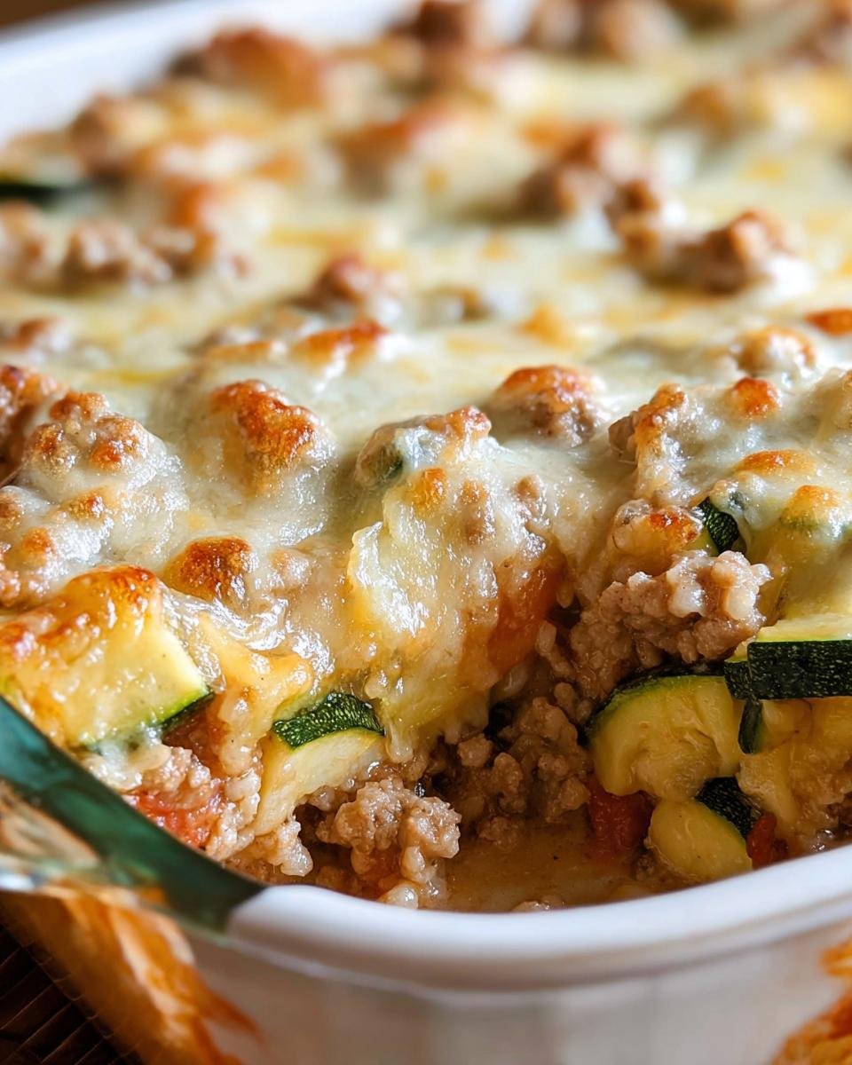 A close-up of Ground Turkey Zucchini Casserole with melted cheese, zucchini slices, and ground turkey.