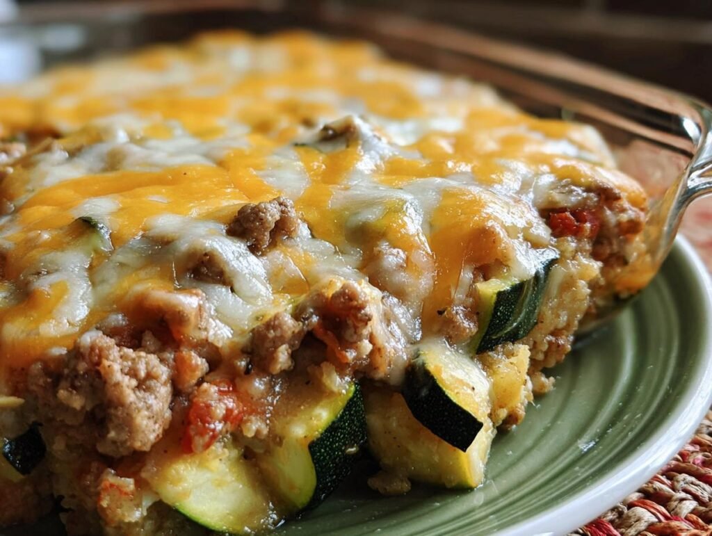 A slice of Ground Turkey Zucchini Casserole with melted cheese, zucchini, and ground turkey on a green plate.