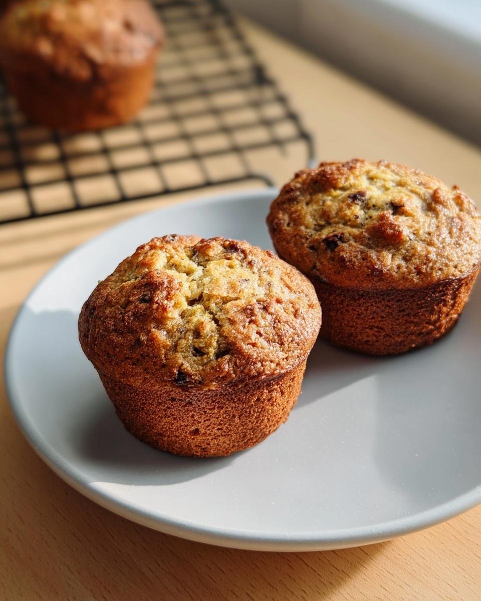 Two healthy banana muffins displayed on a plate, showcasing their golden-brown color and texture.