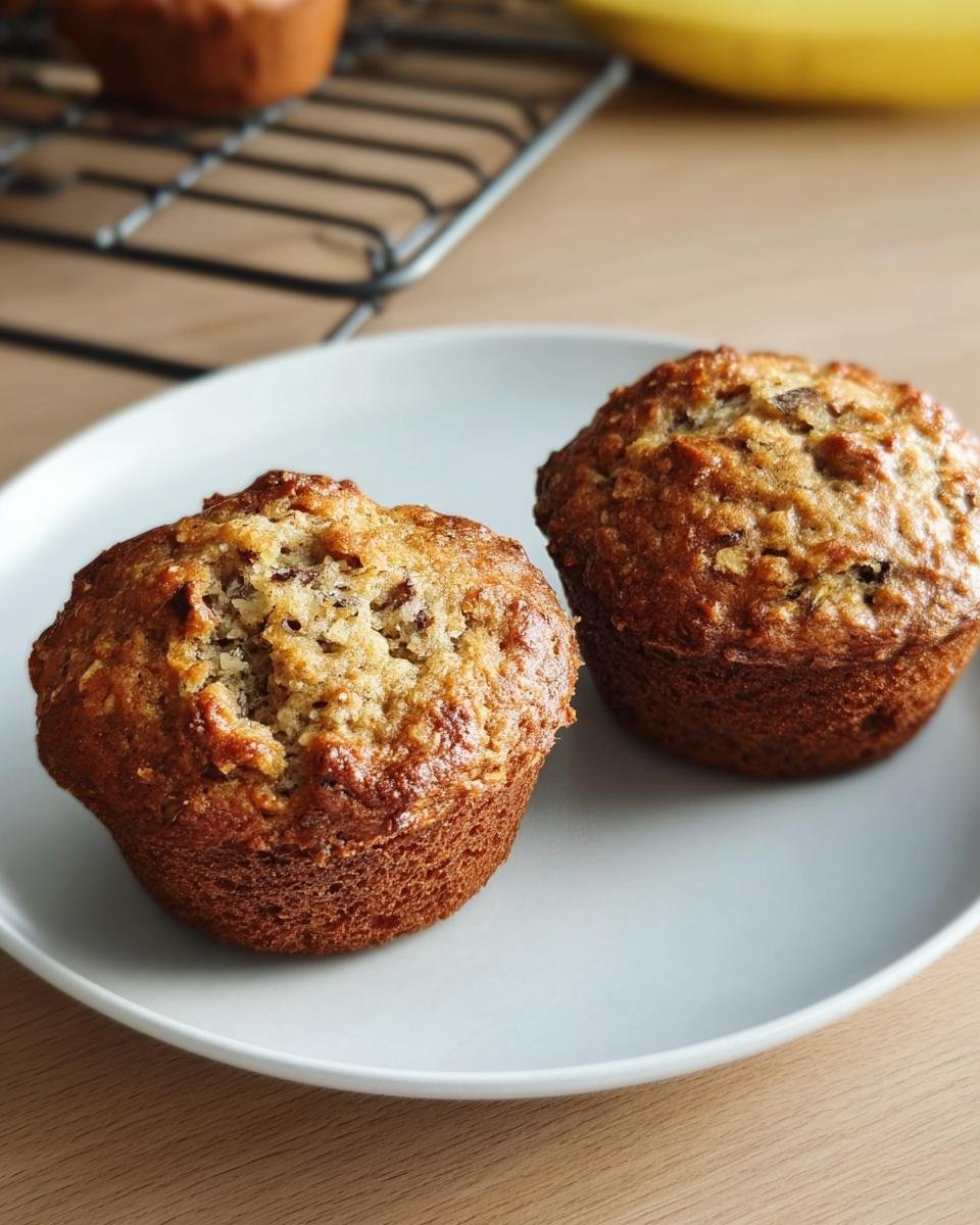 Two freshly baked Healthy Banana Muffins on a white plate, showcasing their golden-brown color and texture.