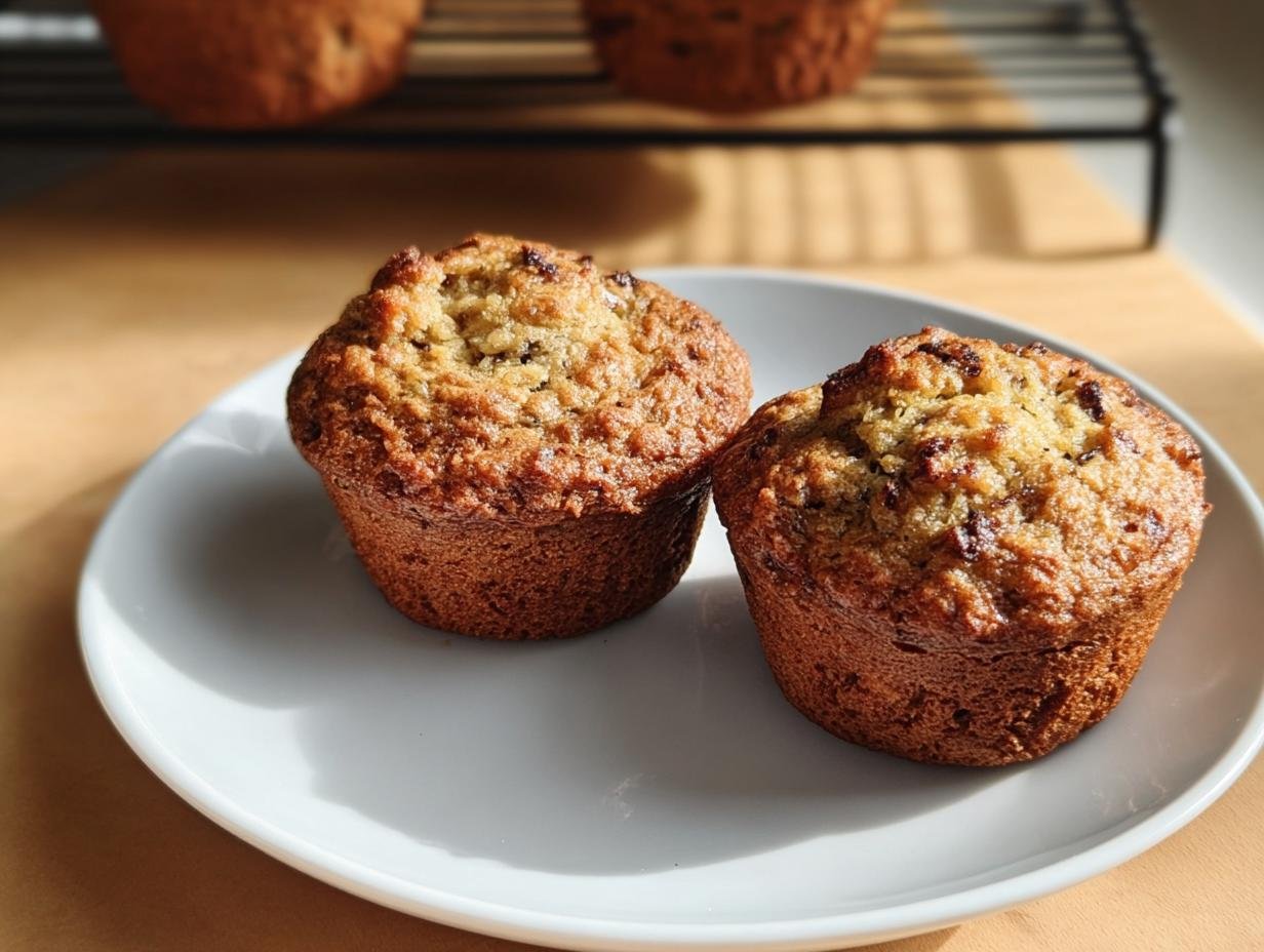 Two healthy banana muffins on a white plate, showcasing their golden-brown color and moist texture.