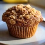 A single Healthy Banana Oatmeal Muffin with a delicious crumble topping, sitting on a white plate.
