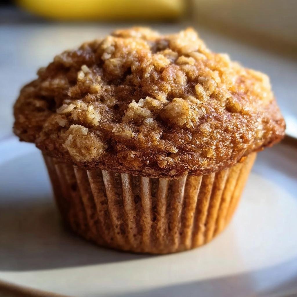 A single Healthy Banana Oatmeal Muffin with a delicious crumble topping, sitting on a white plate.