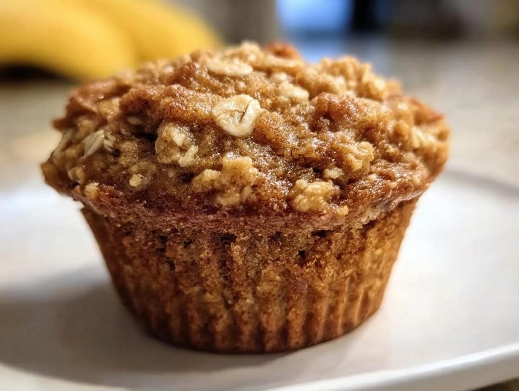A single Healthy Banana Oatmeal Muffin on a white plate, showcasing its oat topping.