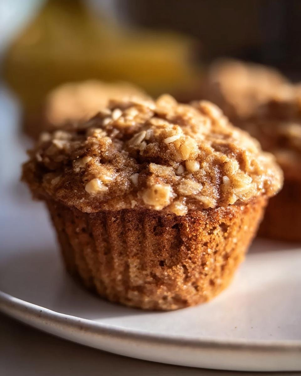 A close-up of a Healthy Banana Oatmeal Muffin, showcasing its texture and oat topping on a white plate.