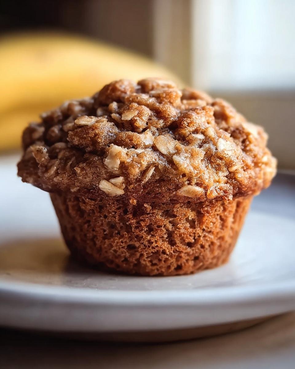 A close-up of a single Healthy Banana Oatmeal Muffin on a plate, showcasing its textured top and golden brown color.