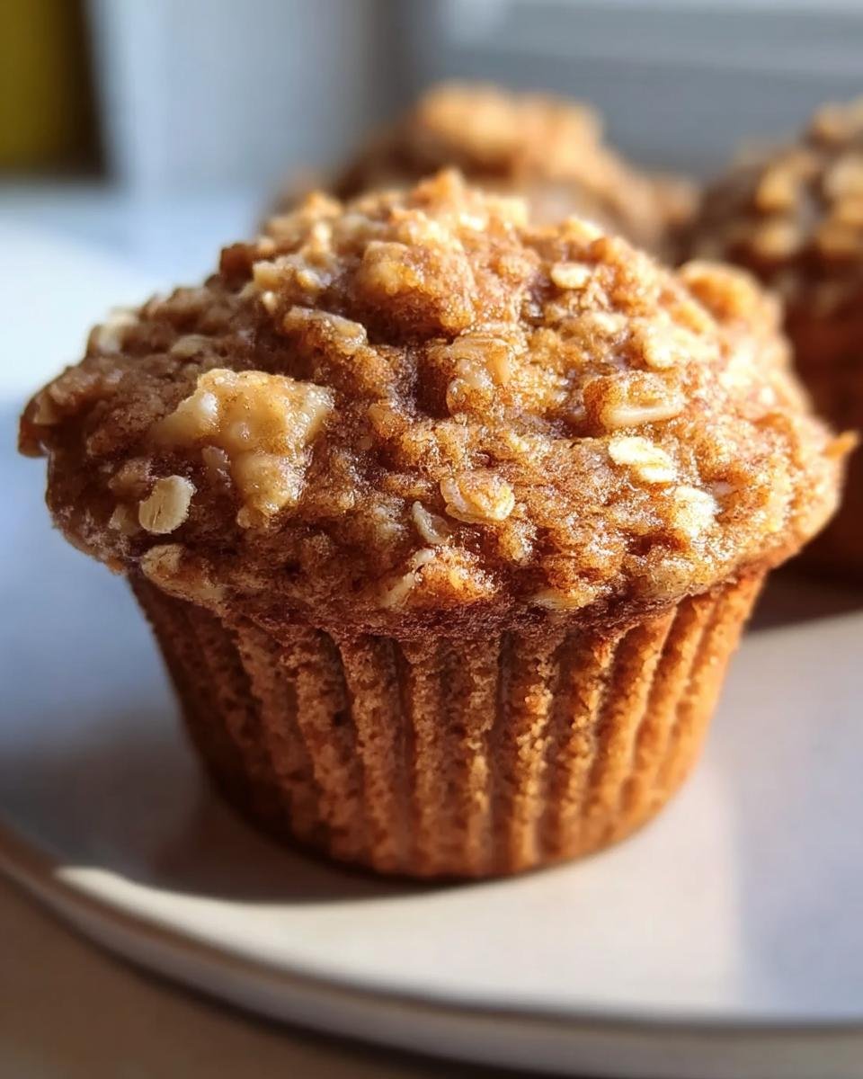 A close-up of a Healthy Banana Oatmeal Muffin with a textured top, sitting on a plate.