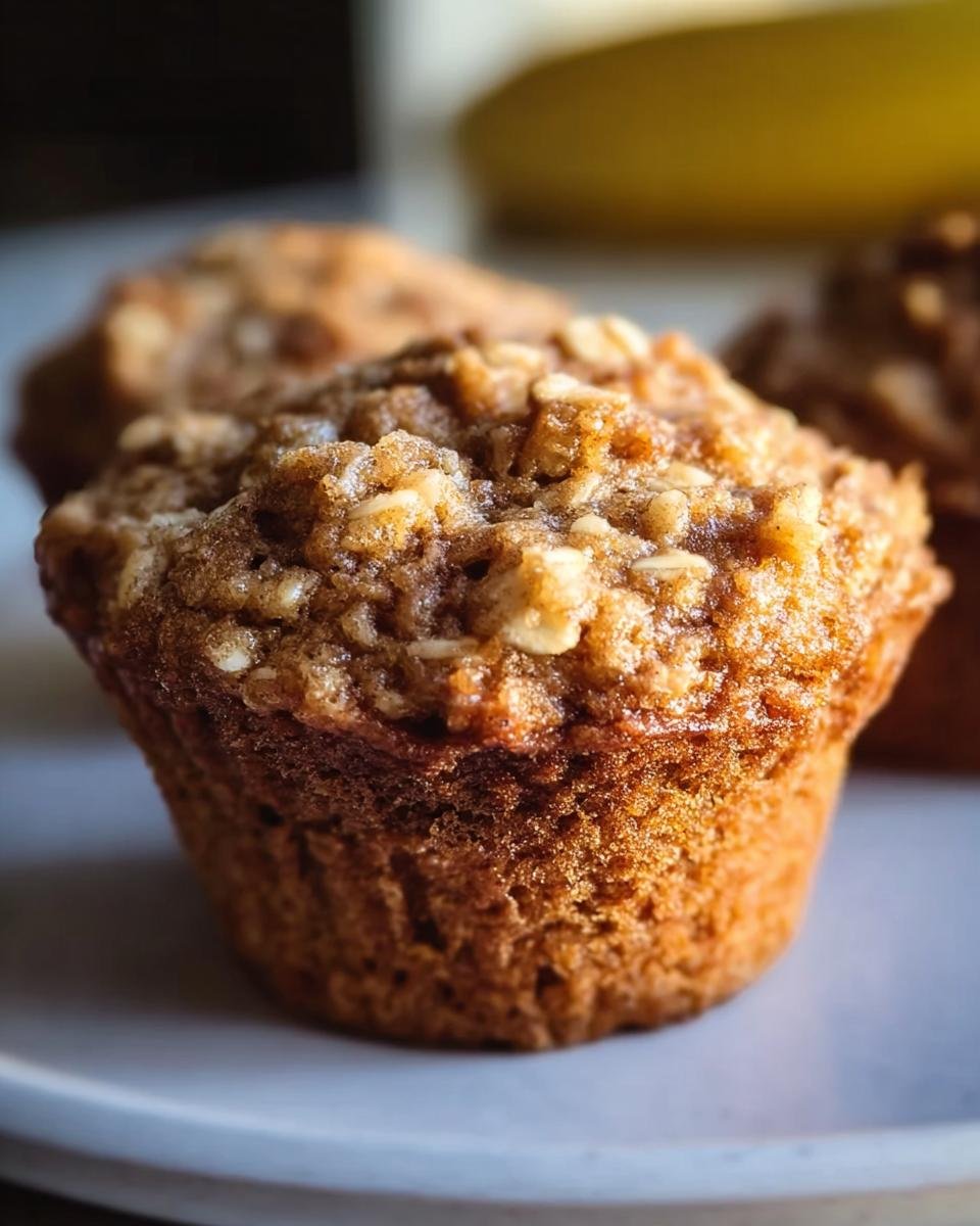 A close-up of a Healthy Banana Oatmeal Muffin showing the texture and oat topping.