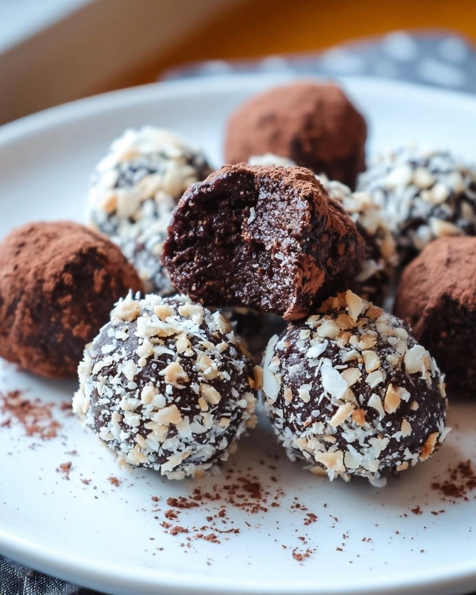 A plate of Healthy Chocolate Chickpea Truffles, some covered in cocoa powder and others in chopped nuts.