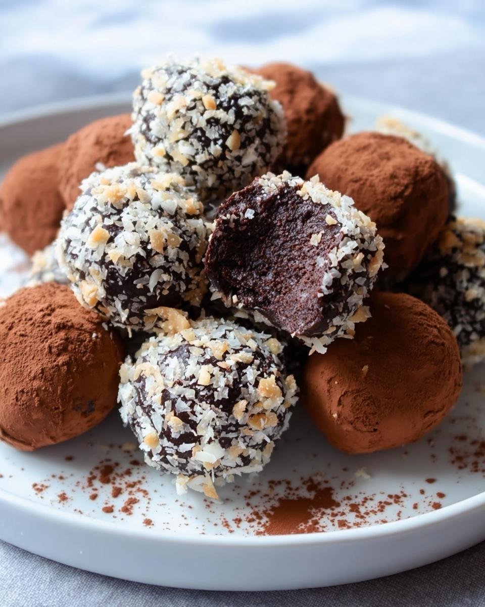 Pile of Healthy Chocolate Chickpea Truffles, some coated in cocoa powder and others in shredded coconut.