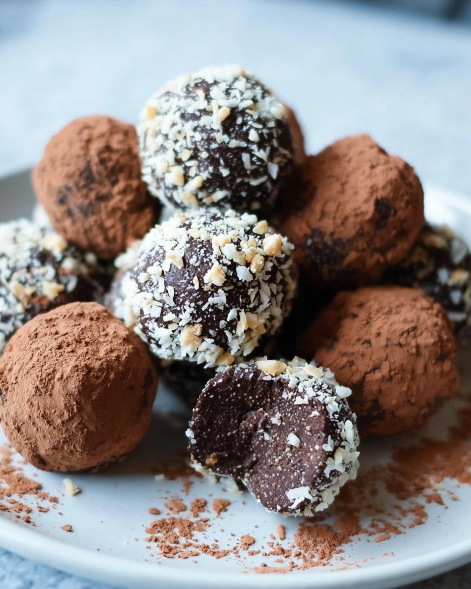 A pile of Healthy Chocolate Chickpea Truffles, some coated in cocoa powder, others in chopped nuts, one with a bite taken out.