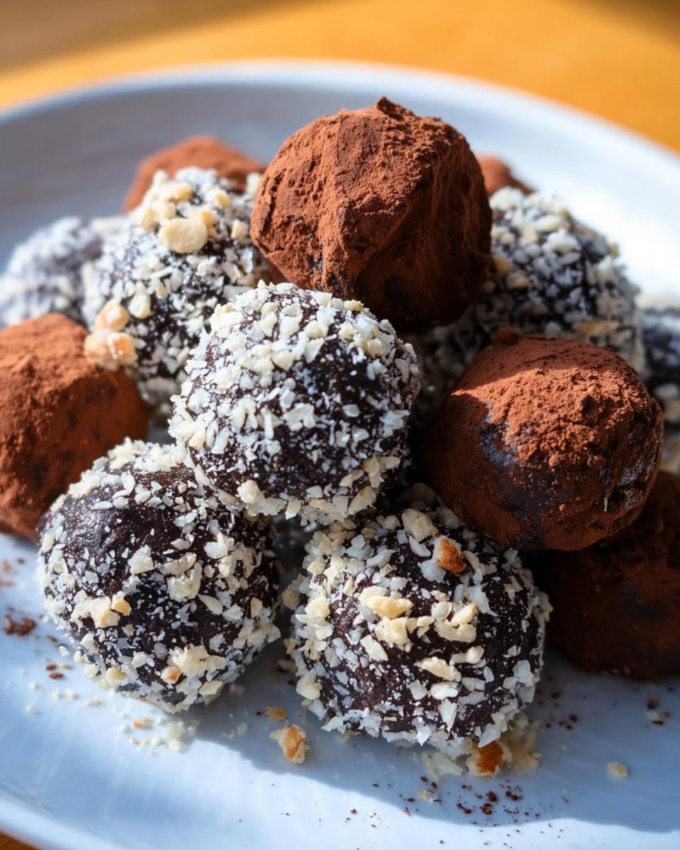 A pile of Healthy Chocolate Chickpea Truffles, some coated in cocoa powder and others in chopped nuts.