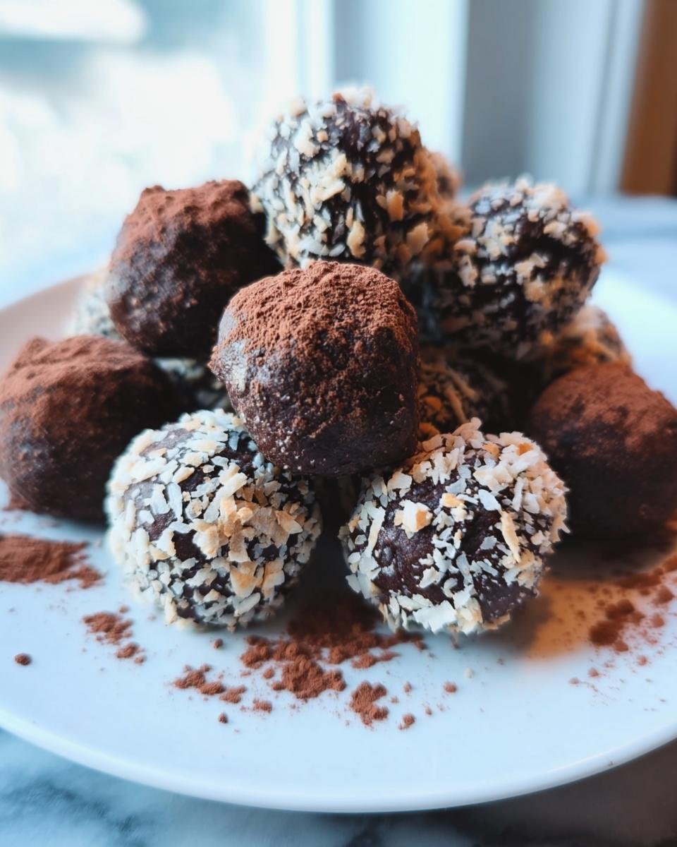 A pile of healthy chocolate chickpea truffles, some coated in cocoa powder and others in shredded coconut.