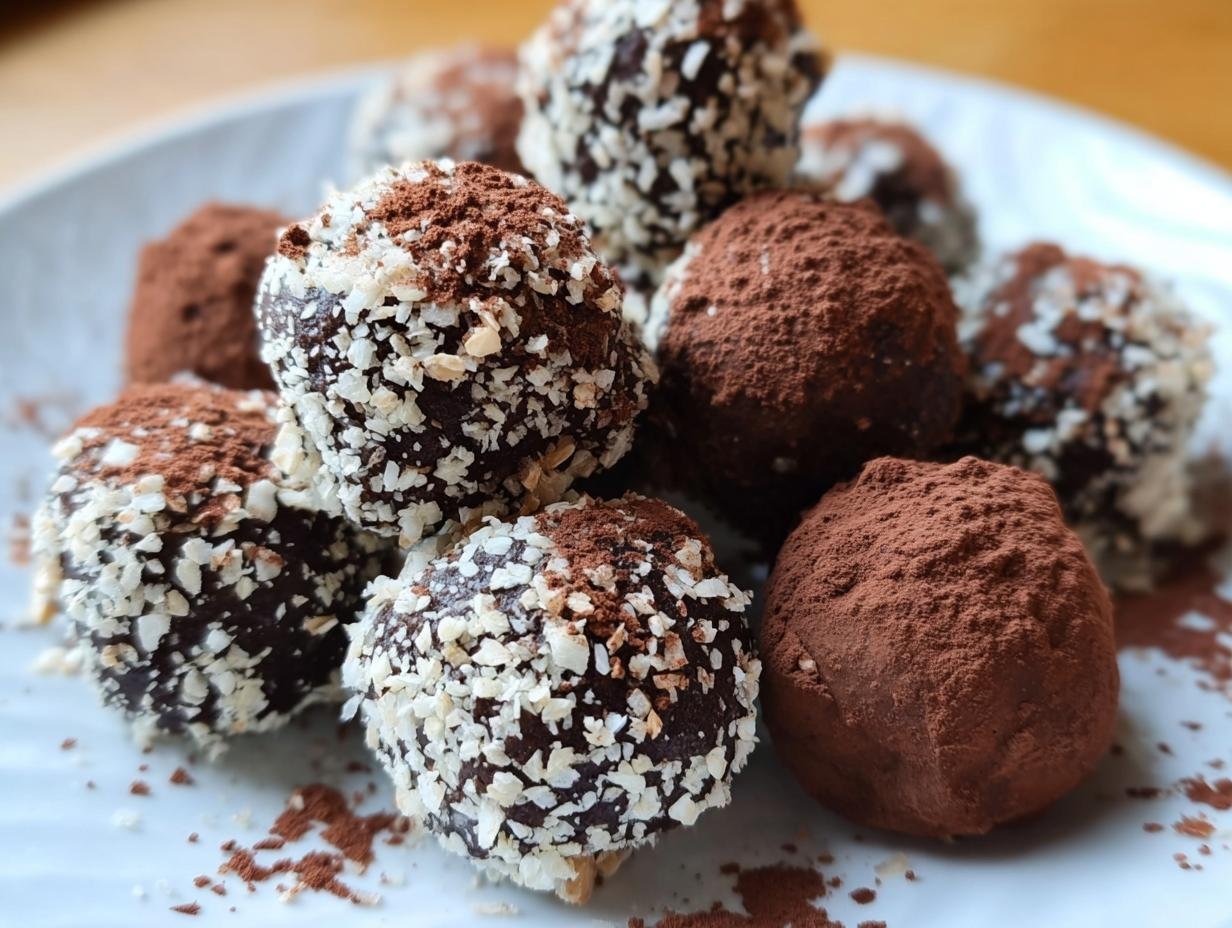 A pile of Healthy Chocolate Chickpea Truffles, some coated in cocoa powder and others in chopped nuts.