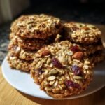 A stack of homemade Healthy Nut Energy Cookies, featuring visible nuts, seeds, and dried cranberries.