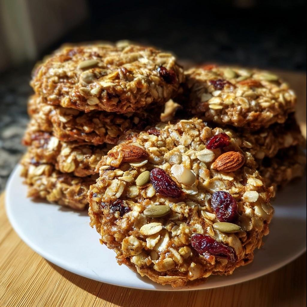 A stack of homemade Healthy Nut Energy Cookies, featuring visible nuts, seeds, and dried cranberries.