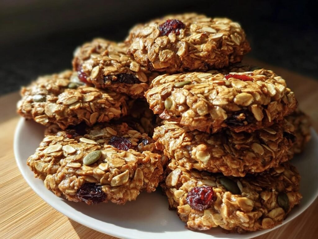 A stack of homemade Healthy Nut Energy Cookies on a white plate, featuring oats, nuts, seeds, and dried fruit.