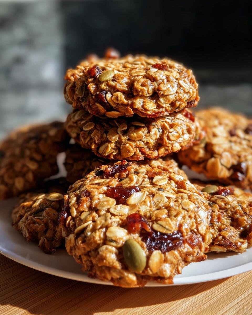 A stack of homemade Healthy Nut Energy Cookies with oats, nuts, and dried fruit on a white plate.