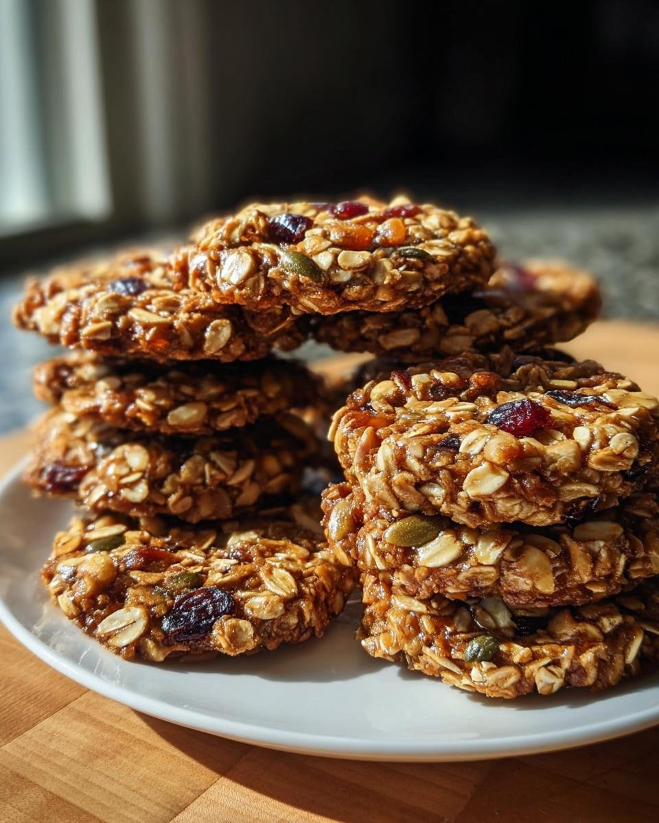 A stack of homemade Healthy Nut Energy Cookies with oats, seeds, and dried fruit on a white plate.