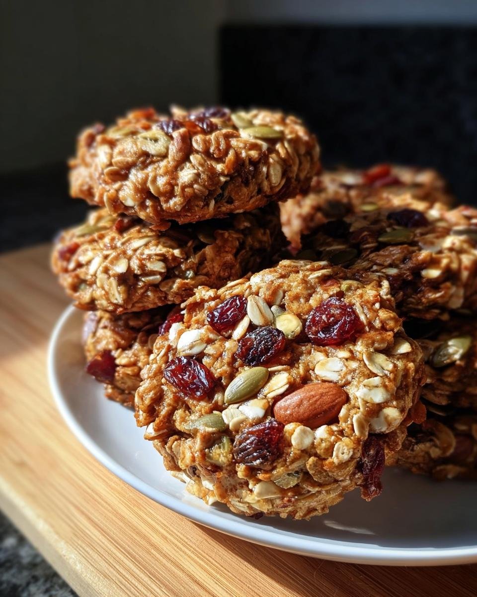 A stack of Healthy Nut Energy Cookies on a white plate, showcasing oats, nuts, seeds, and dried fruit.