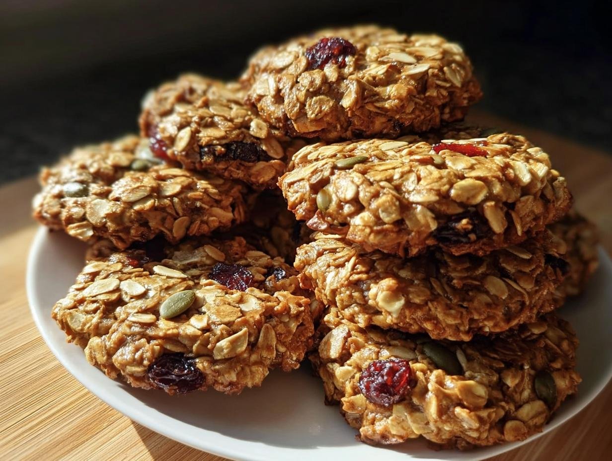 A stack of homemade Healthy Nut Energy Cookies on a white plate, featuring oats, nuts, seeds, and dried fruit.