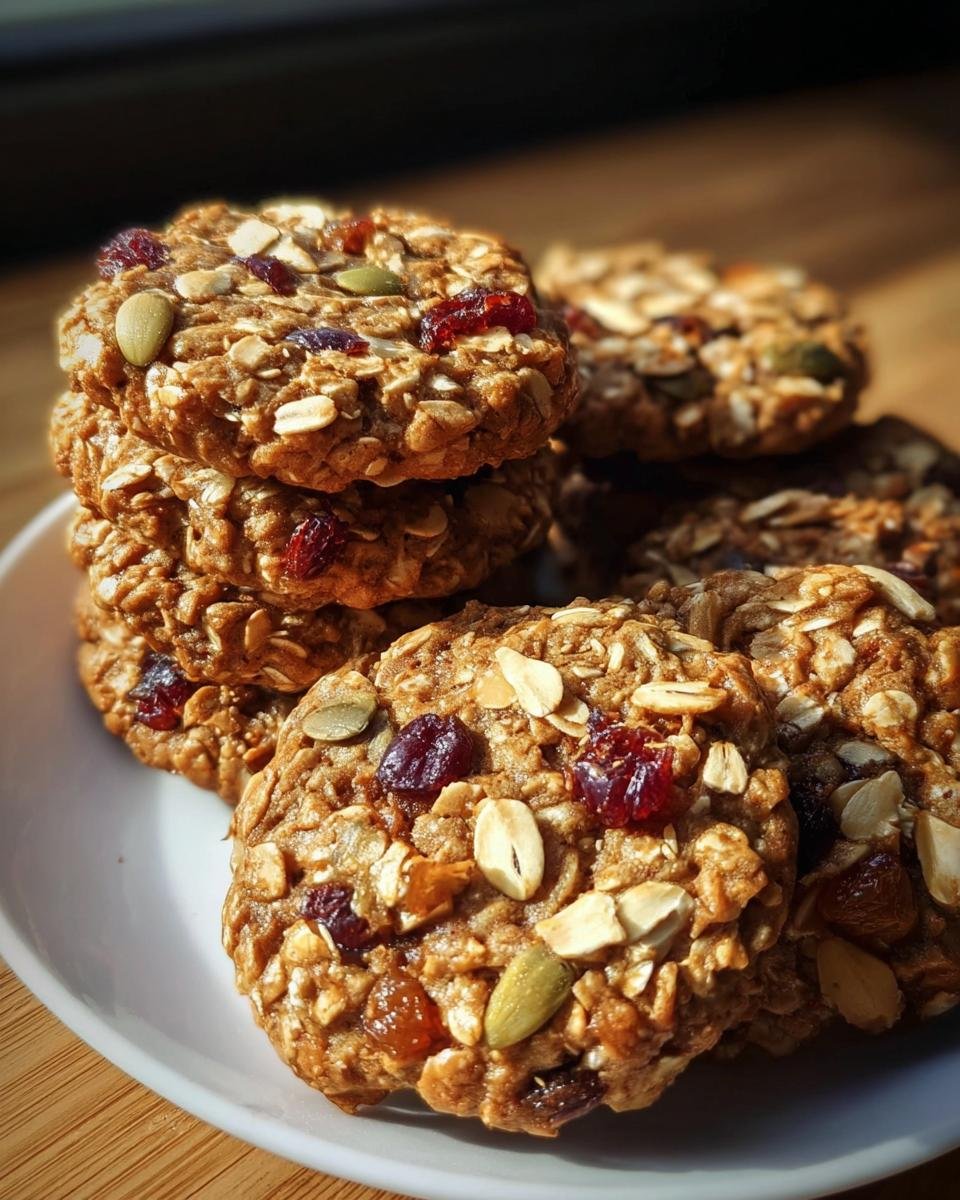 A stack of Healthy Nut Energy Cookies on a white plate, showing visible nuts, seeds, and dried fruit.