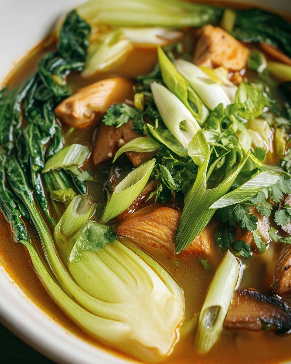 Close-up of Hearty Bokchoy Chicken Soup with bok choy, chicken, mushrooms, and green onions in a white bowl.