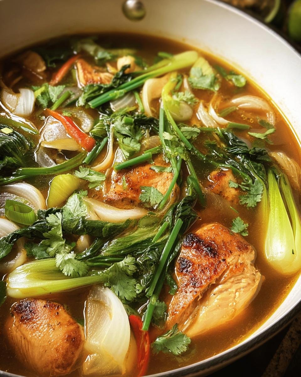 Close-up of a bowl of Hearty Bokchoy Chicken Soup with chicken, bok choy, onions, and cilantro.