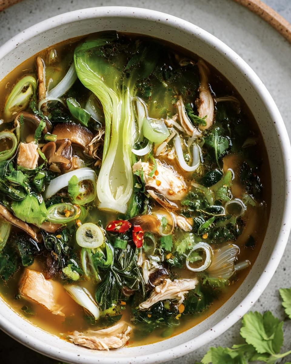 Overhead shot of a bowl of Hearty Bokchoy Chicken Soup with bok choy, chicken, mushrooms, and herbs.