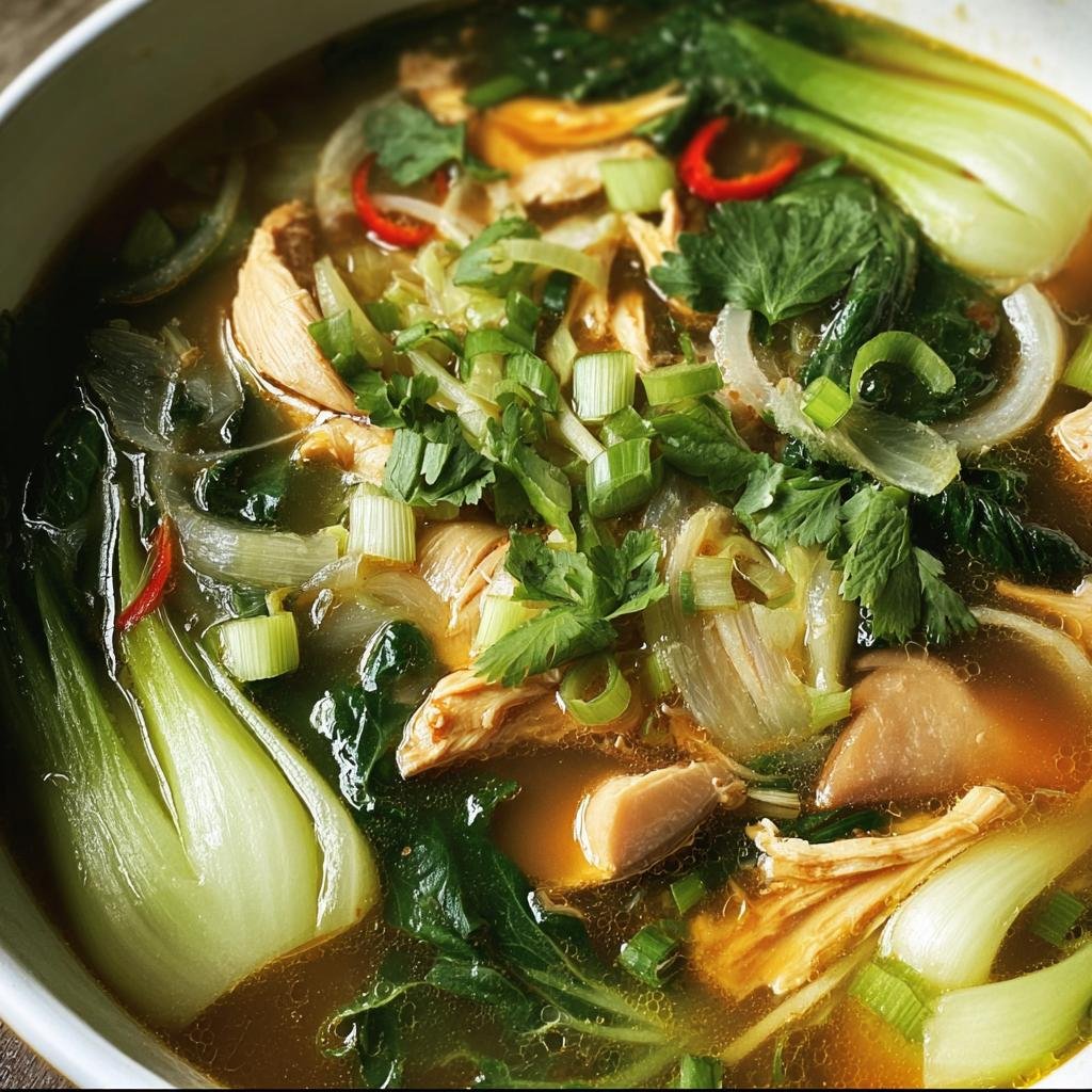 A bowl of Hearty Bokchoy Chicken Soup with chicken, bok choy, onions, and herbs.