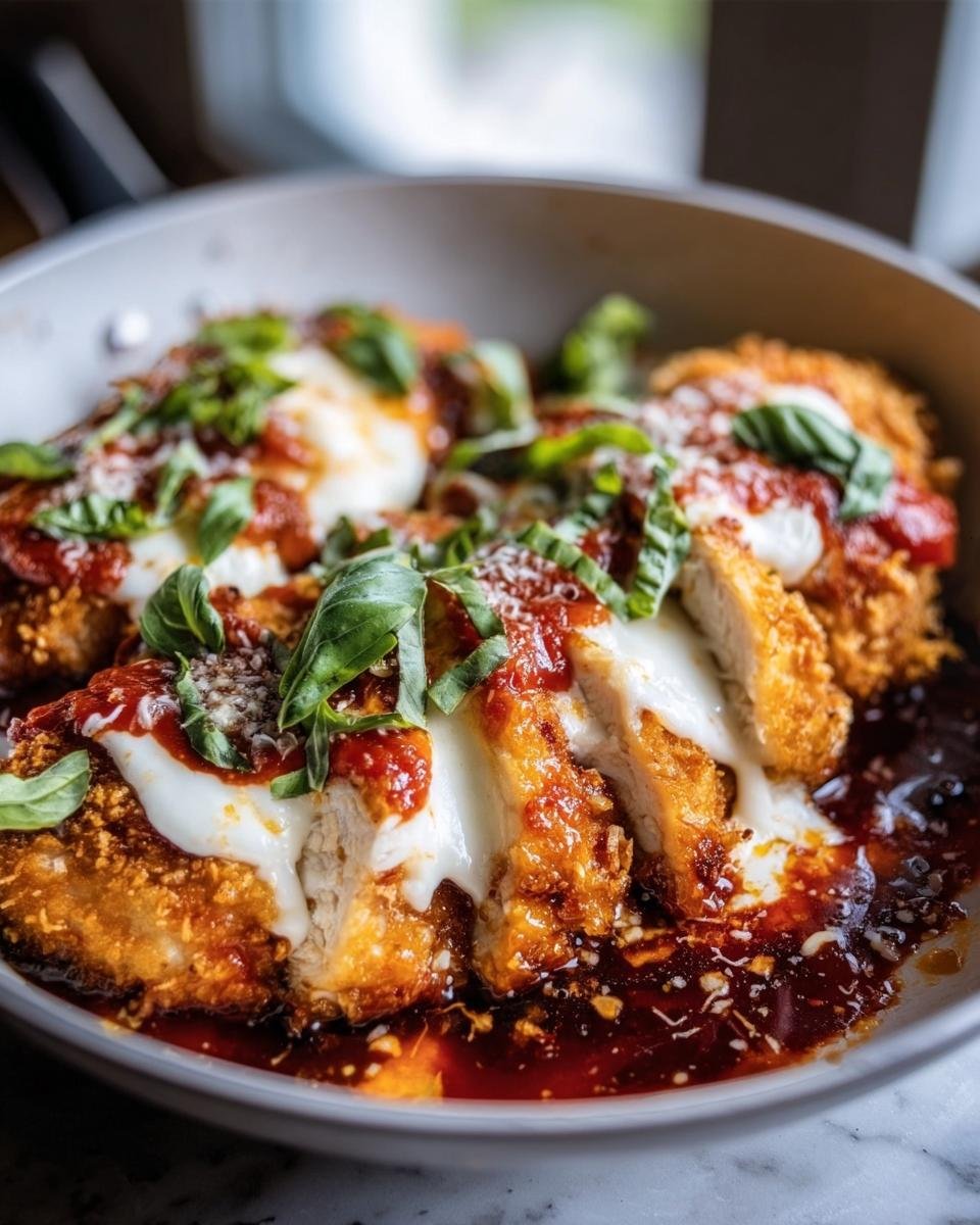 Close-up of High Protein Chicken Parm in a pan, topped with mozzarella, sauce, and basil.