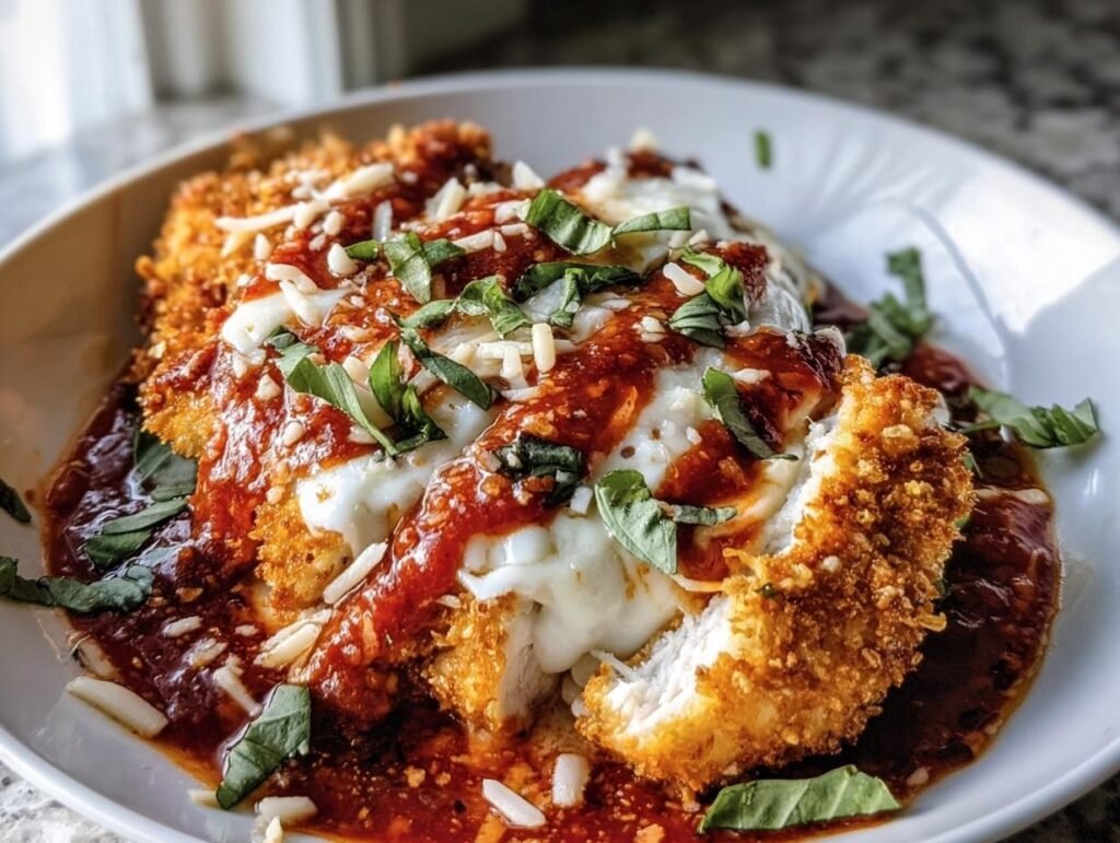 A plate of High Protein Chicken Parm, topped with tomato sauce, mozzarella, parmesan, and basil.
