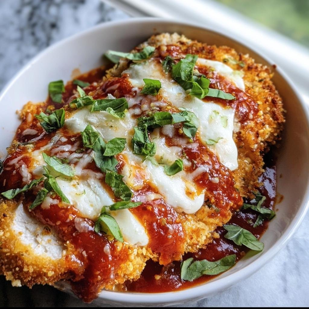 Delicious High Protein Chicken Parm in a bowl, topped with marinara sauce, melted mozzarella, and fresh basil.