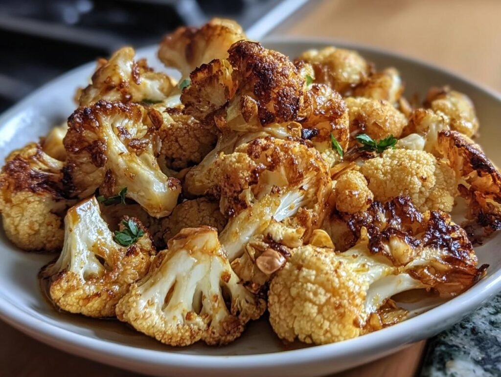 A close-up of Honey Curry Roasted Cauliflower on a white plate, showing golden-brown florets.