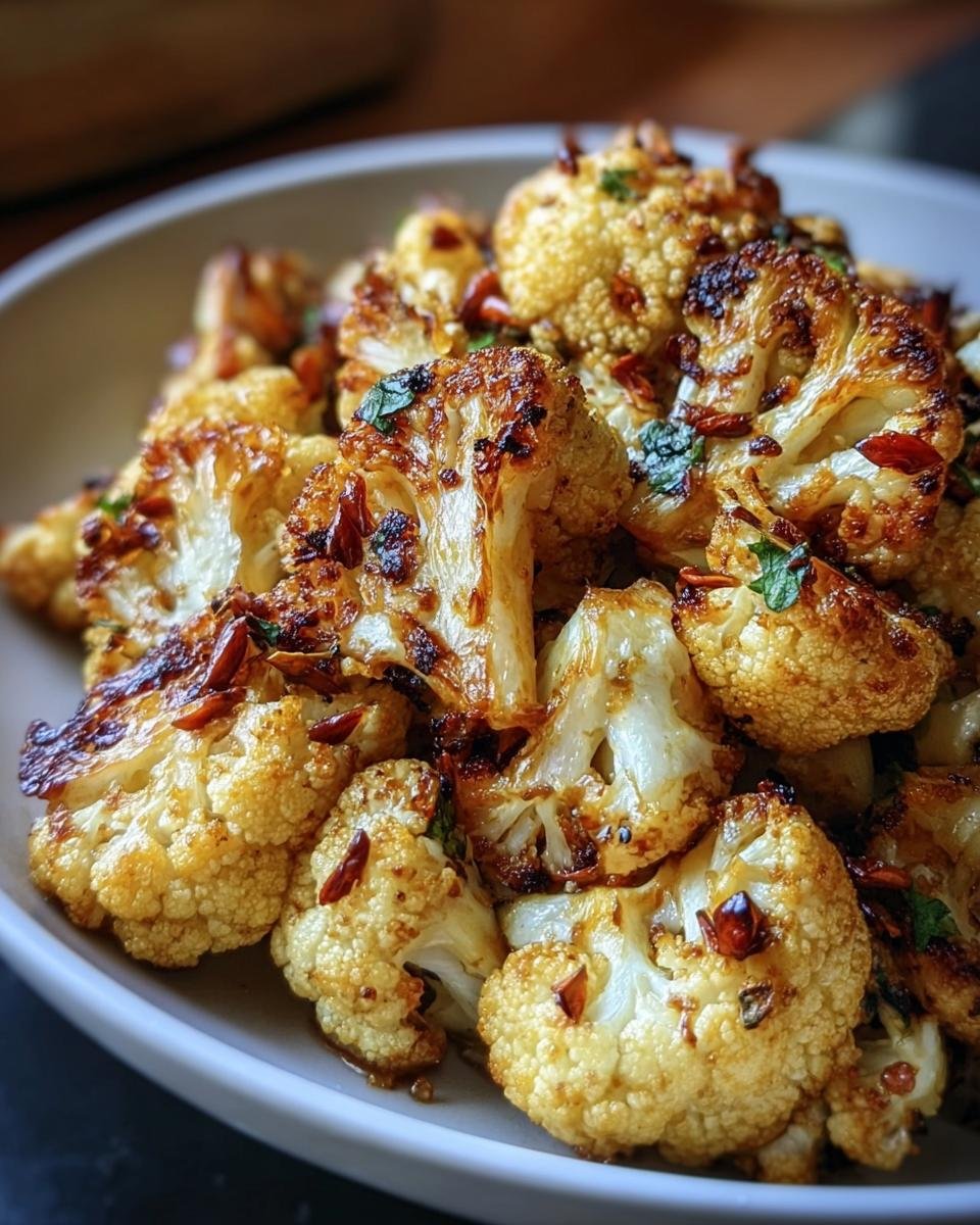 A bowl of Honey Curry Roasted Cauliflower, showing golden-brown florets with herbs and spices.