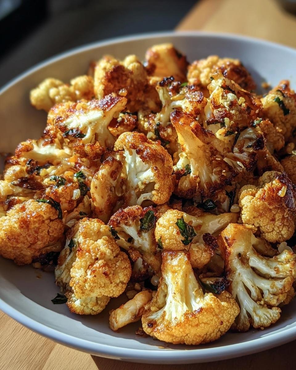 A bowl of Honey Curry Roasted Cauliflower, golden brown and garnished with herbs.