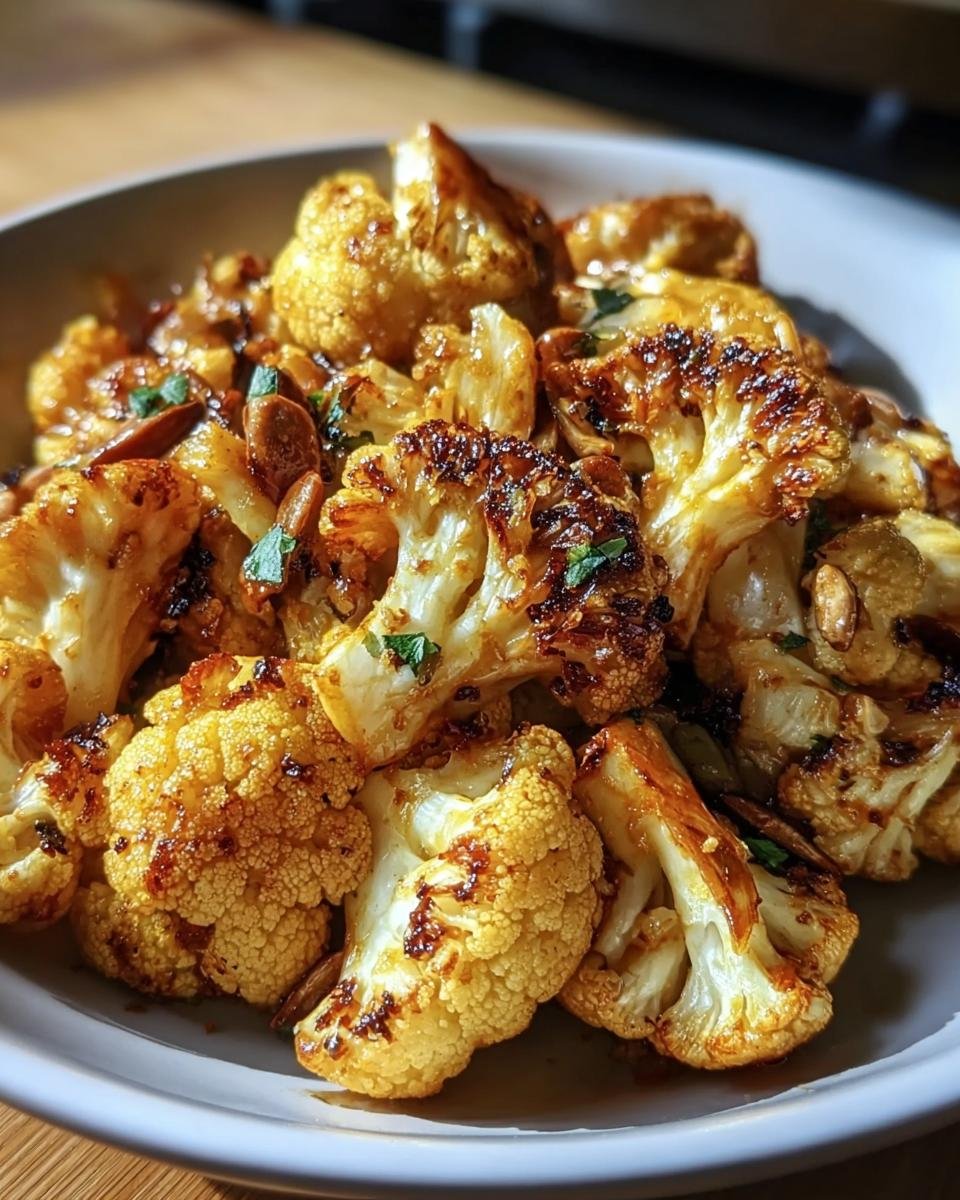 Close-up of Honey Curry Roasted Cauliflower in a bowl, showing the golden-brown color and herbs.