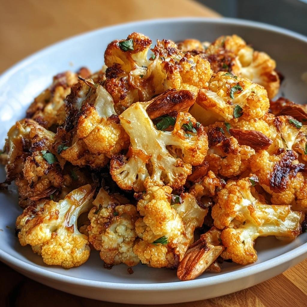 A bowl of delicious Honey Curry Roasted Cauliflower, garnished with herbs and almonds.