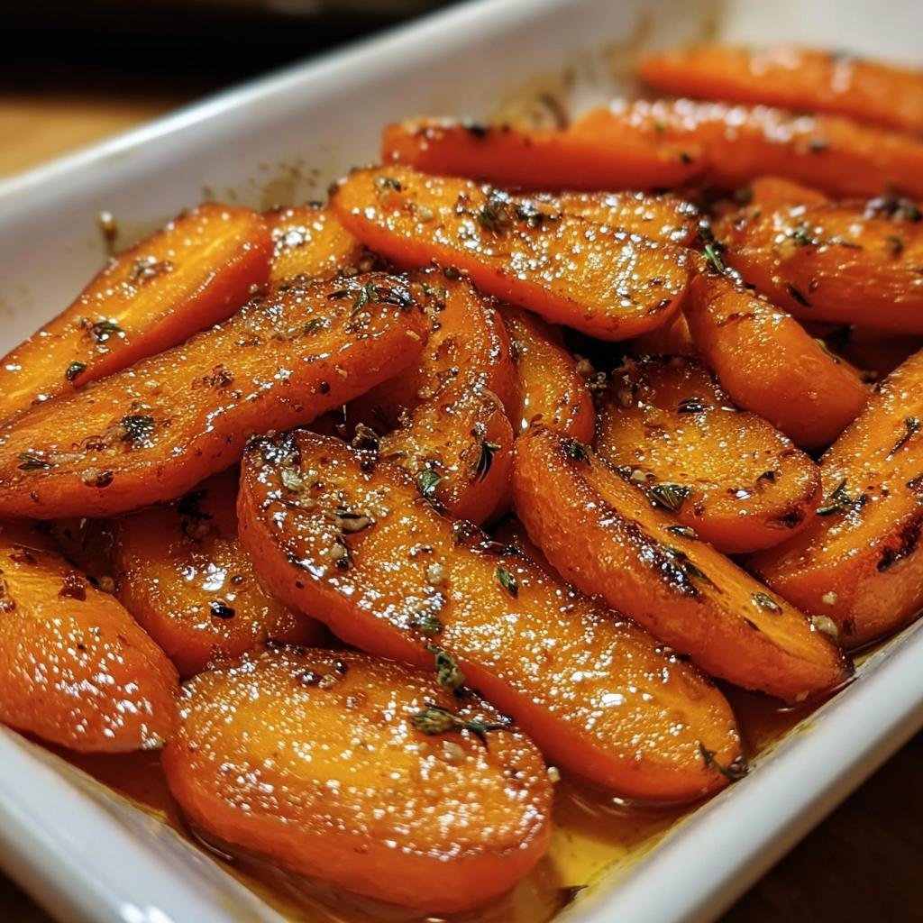 Close-up of glazed Honey Garlic Roasted Carrots in a white serving dish, garnished with herbs.