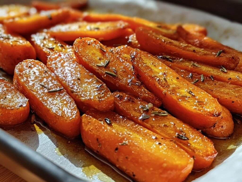 Close-up of glazed Honey Garlic Roasted Carrots on a baking sheet, seasoned with herbs.