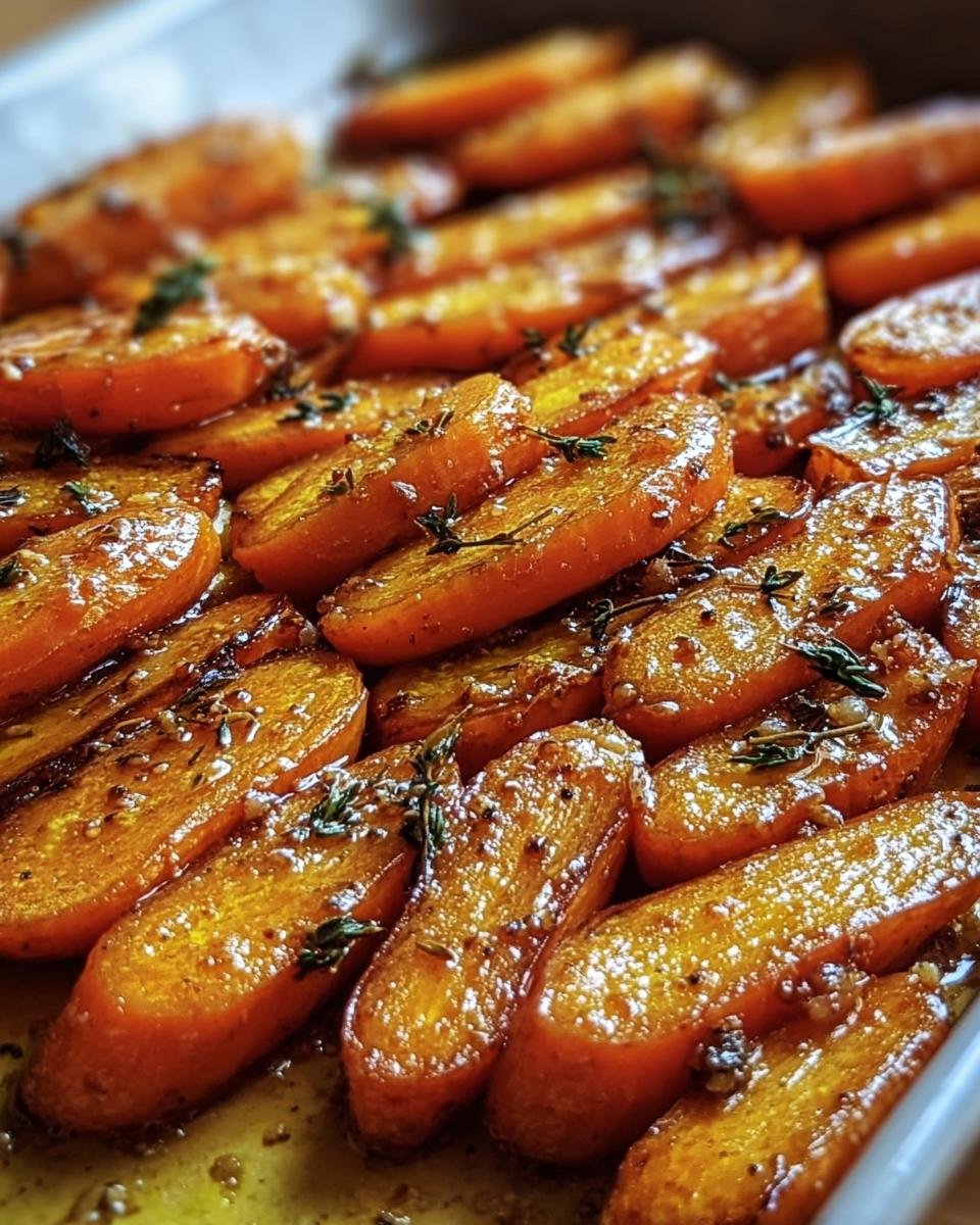 Close-up of glazed Honey Garlic Roasted Carrots with fresh thyme, ready to serve.