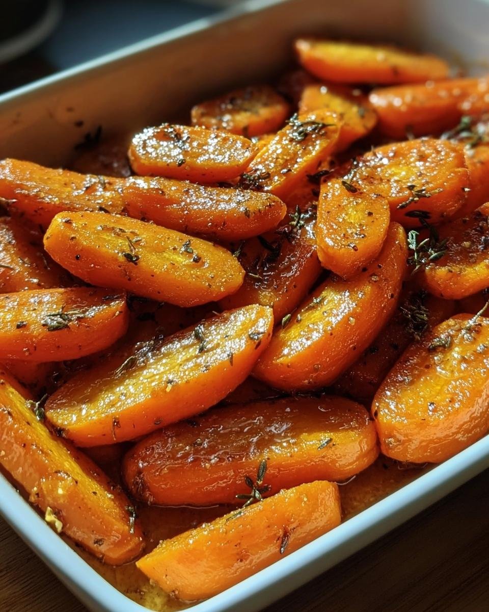 Close-up of glazed Honey Garlic Roasted Carrots in a white baking dish, garnished with herbs.