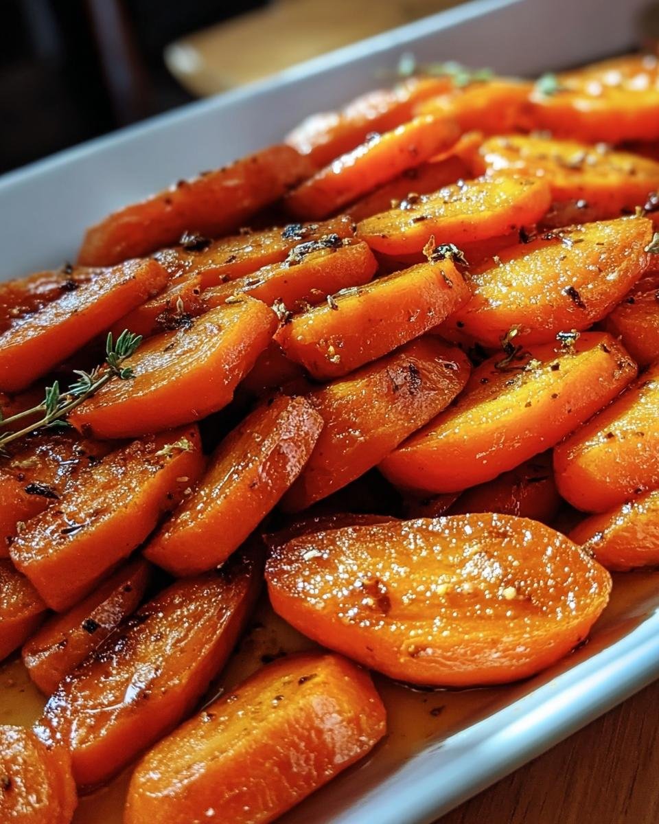 Close-up of a platter of glazed Honey Garlic Roasted Carrots, garnished with fresh herbs.
