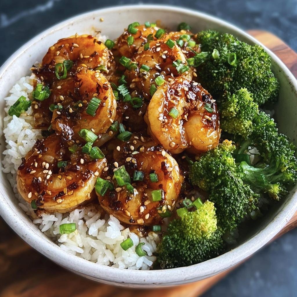 A flavorful Honey Garlic Shrimp Bowl with rice and broccoli, garnished with sesame seeds and green onions.