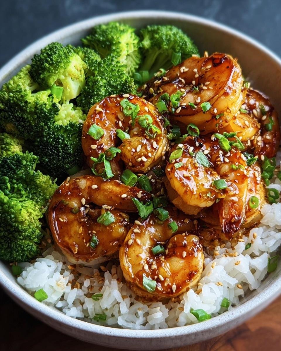 A flavorful Honey Garlic Shrimp Bowl with rice, broccoli, sesame seeds, and green onions.