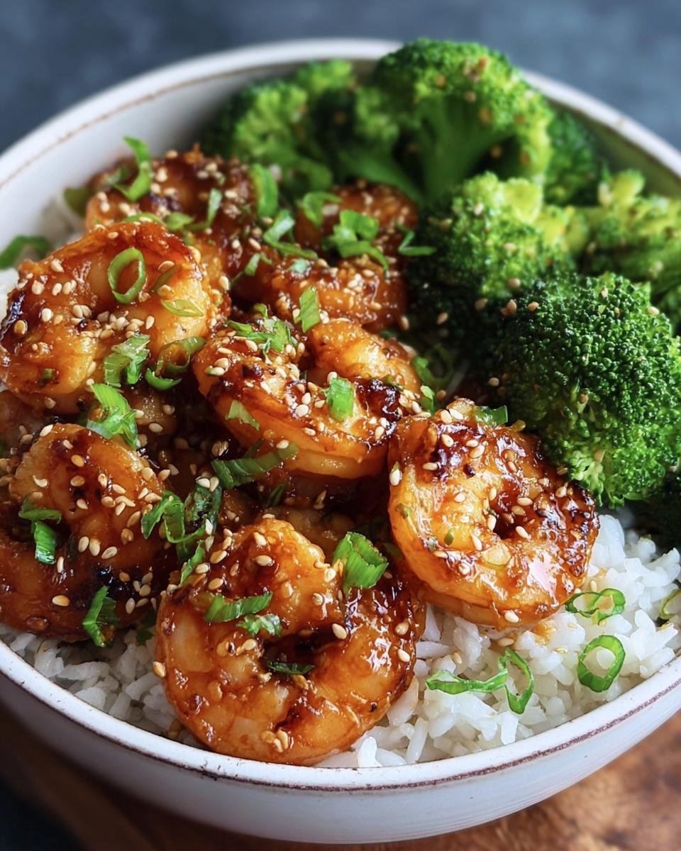 Close-up of a Honey Garlic Shrimp Bowls with rice, broccoli, shrimp, sesame seeds, and green onions.
