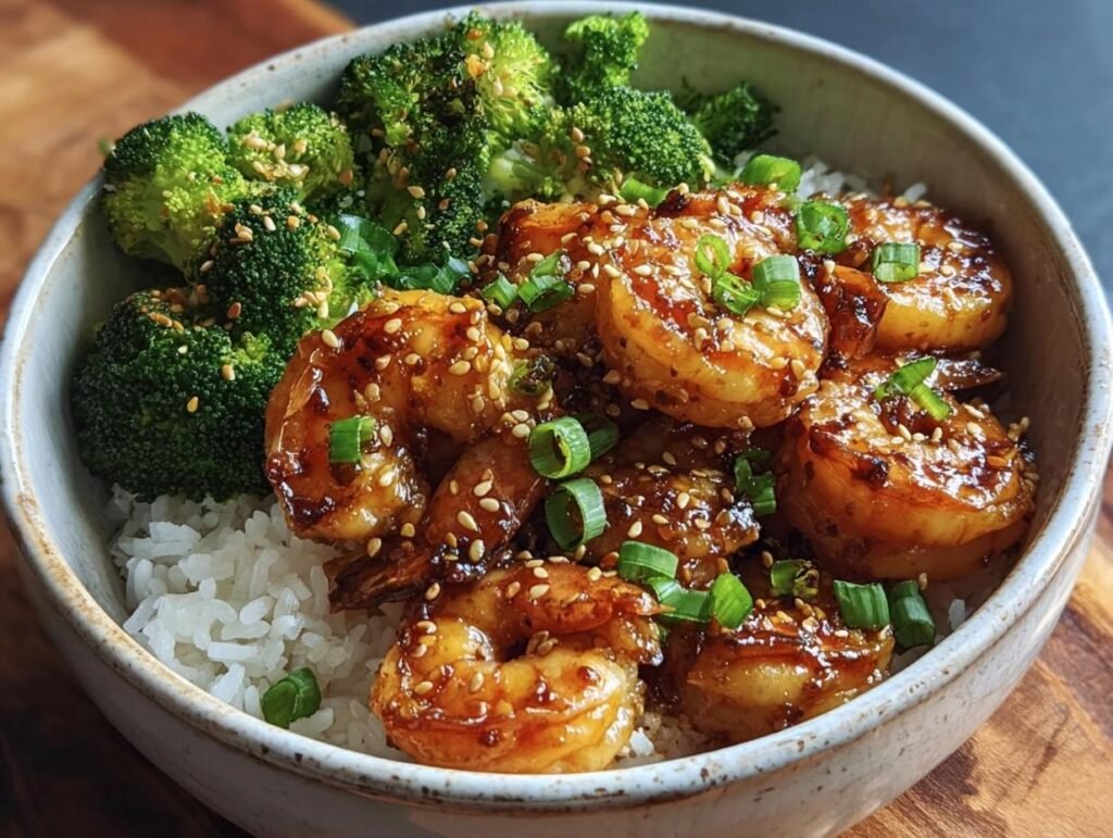 A flavorful Honey Garlic Shrimp Bowls with rice and broccoli, garnished with sesame seeds and green onions.